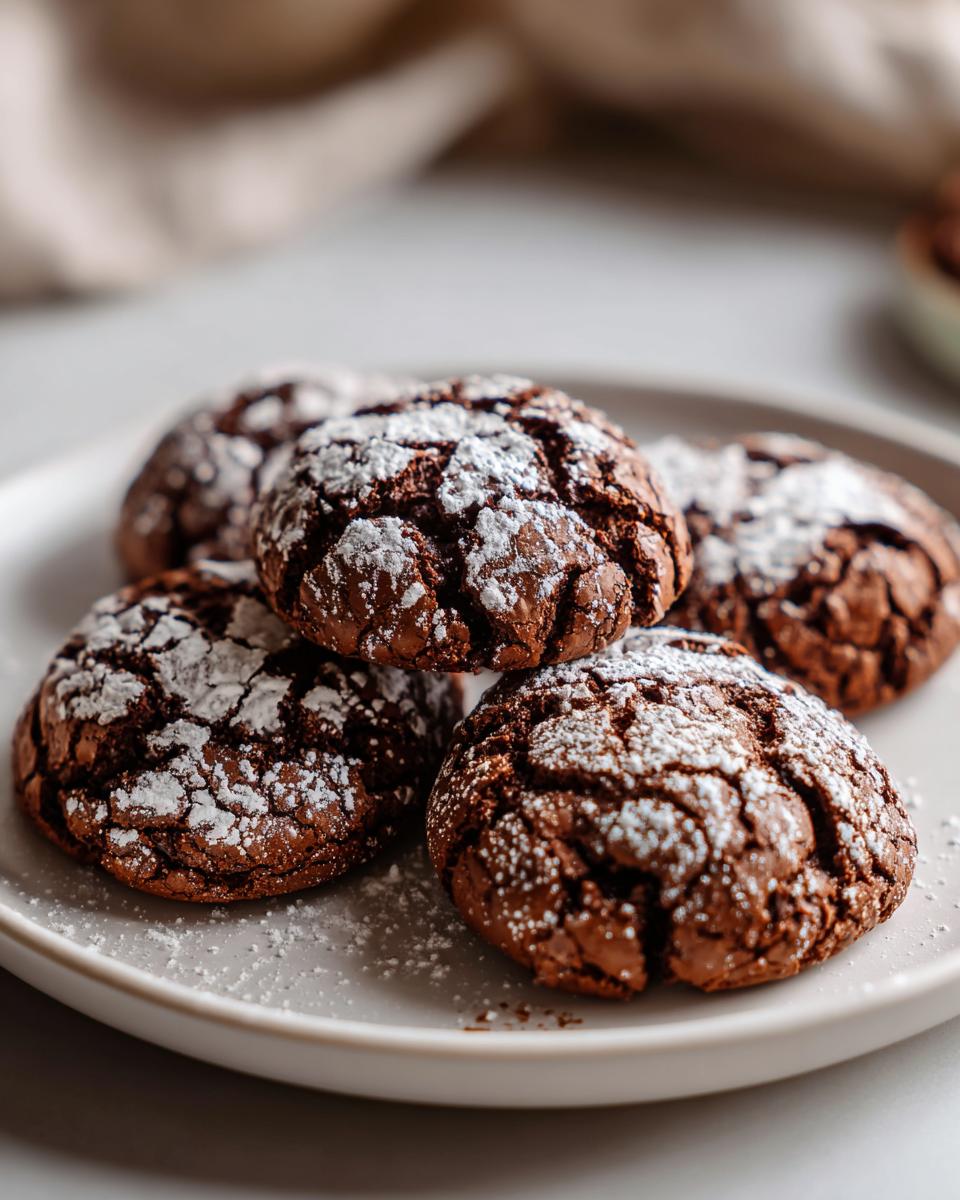 A close-up of several chocolate crinkle cookies dusted with powdered sugar on a white plate.