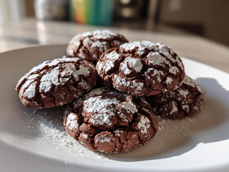 A pile of five rich chocolate crinkle cookies dusted with powdered sugar on a white plate.