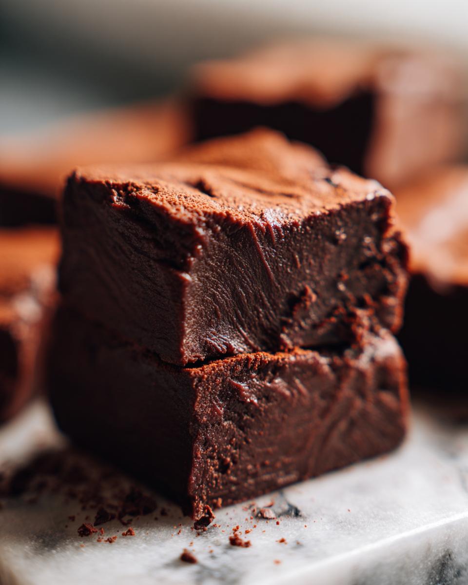 Close-up of two rich chocolate fudge squares stacked, dusted with cocoa powder.