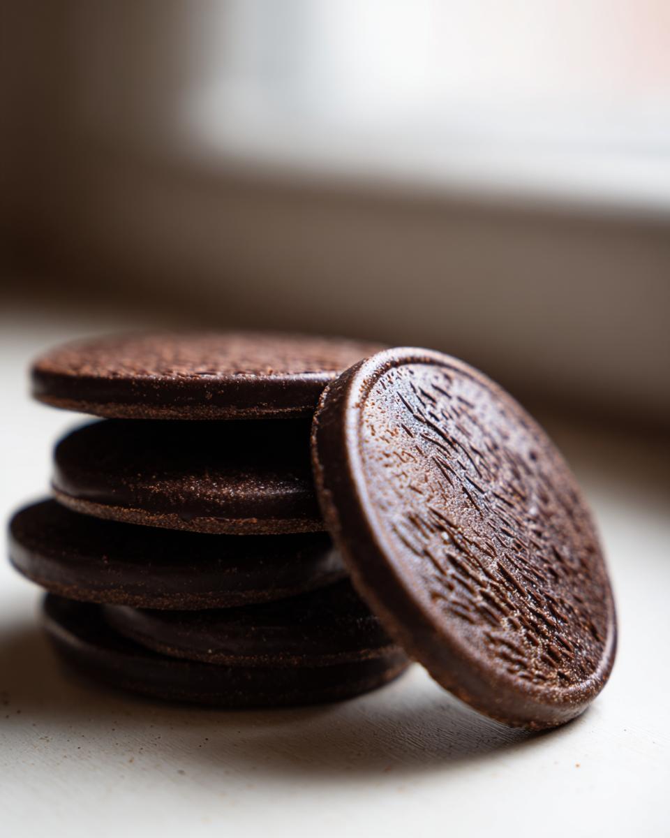 Close-up of a stack of dark, round chocolate gelt coins, one leaning against the pile.