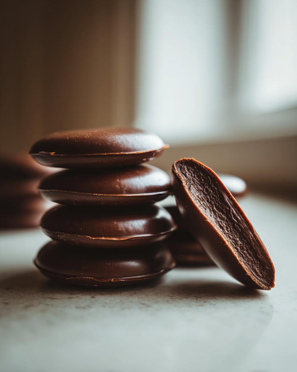 A stack of four homemade chocolate gelt coins next to one cut in half showing the rich, dark filling.