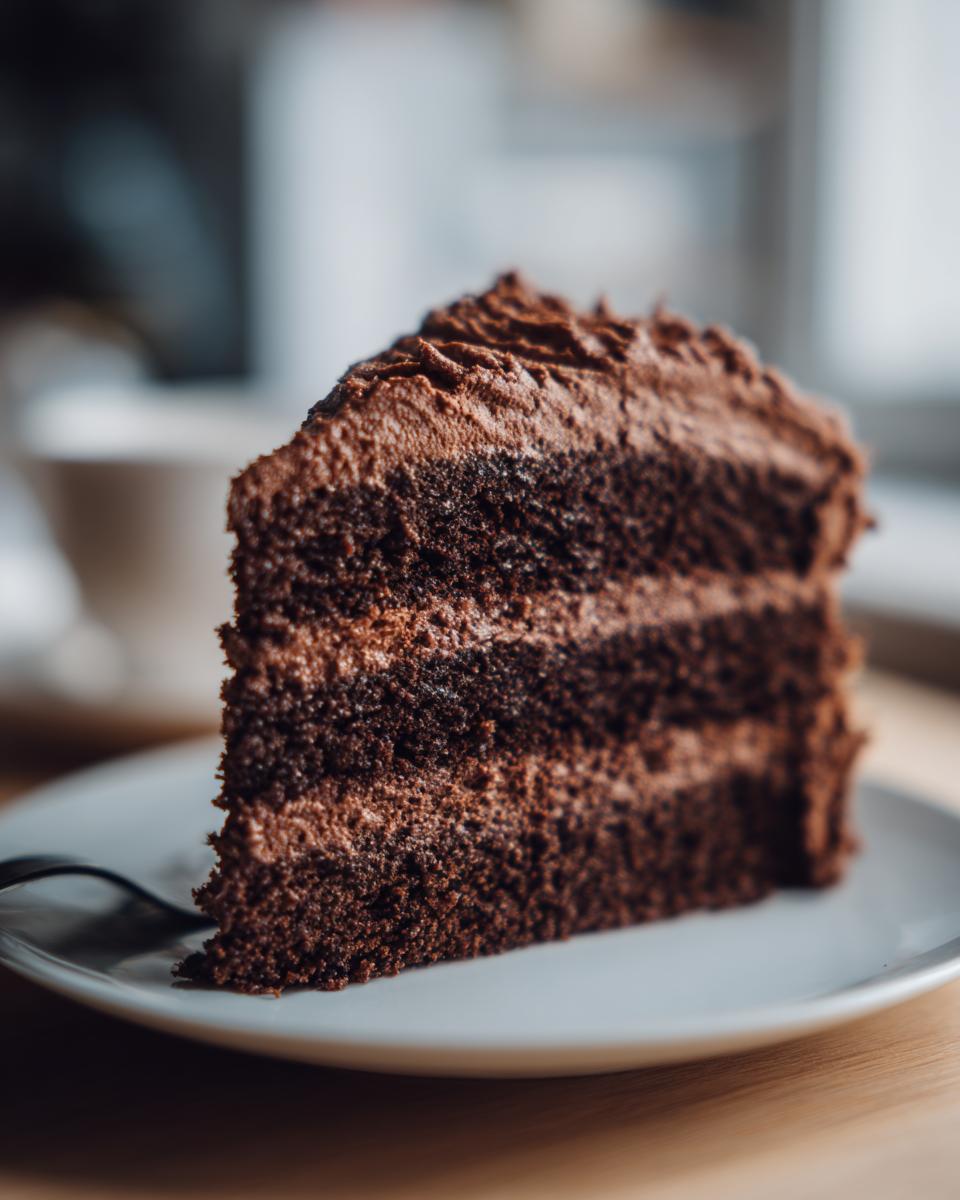 A generous slice of moist chocolate Yule log cake with layers of chocolate frosting.
