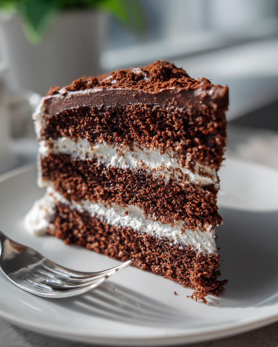 A rich slice of chocolate Yule log cake with layers of dark chocolate sponge and white cream filling.