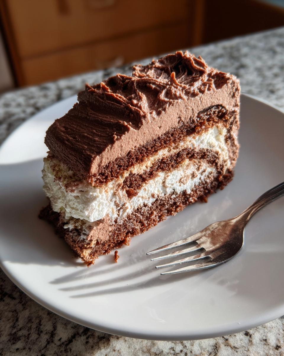 A delicious slice of chocolate Yule log cake with layers of chocolate sponge, whipped cream, and chocolate frosting.