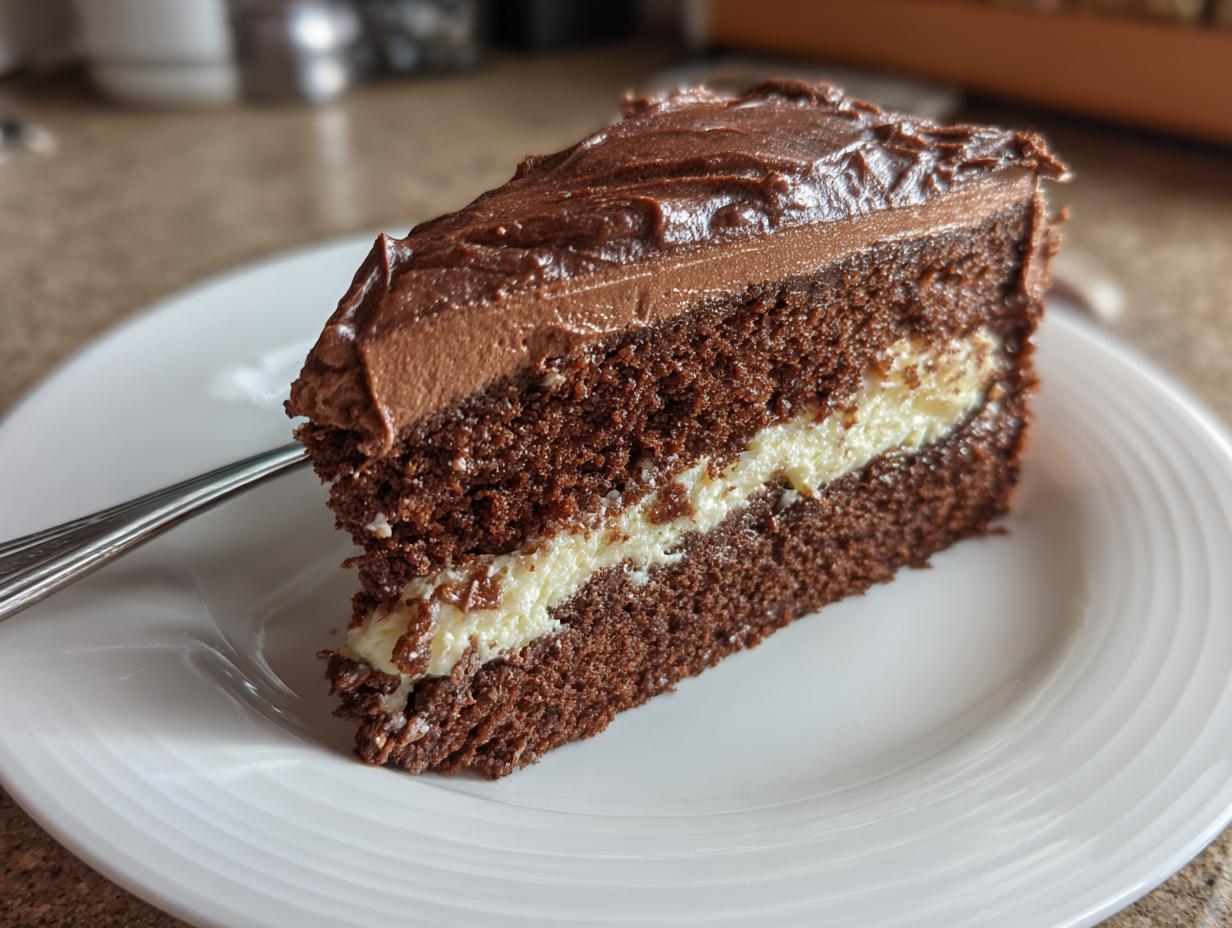 A decadent slice of chocolate Yule log cake with creamy white filling and rich chocolate frosting.