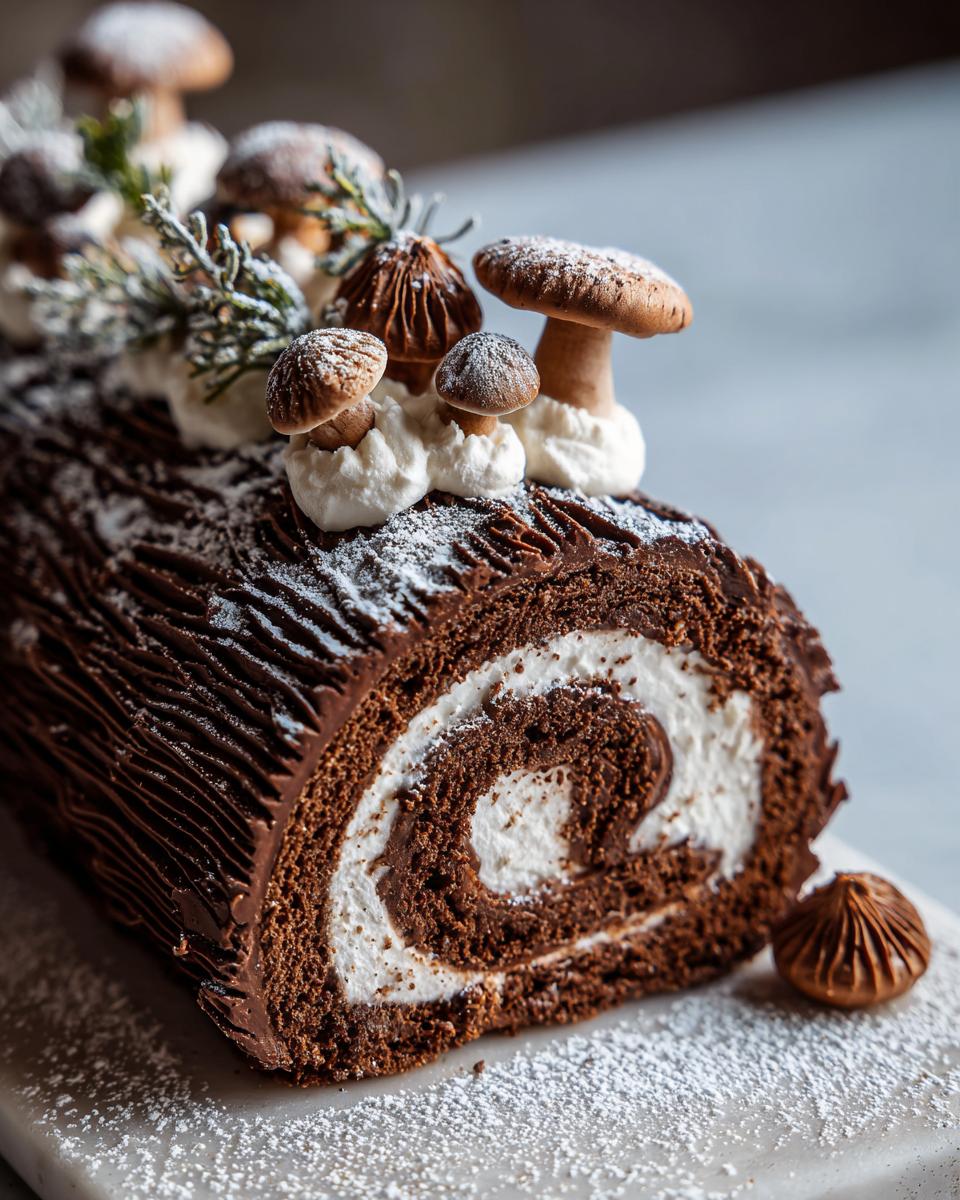 A beautifully decorated chocolate Yule log with cream swirls, chocolate bark texture, and edible mushrooms dusted with powdered sugar.