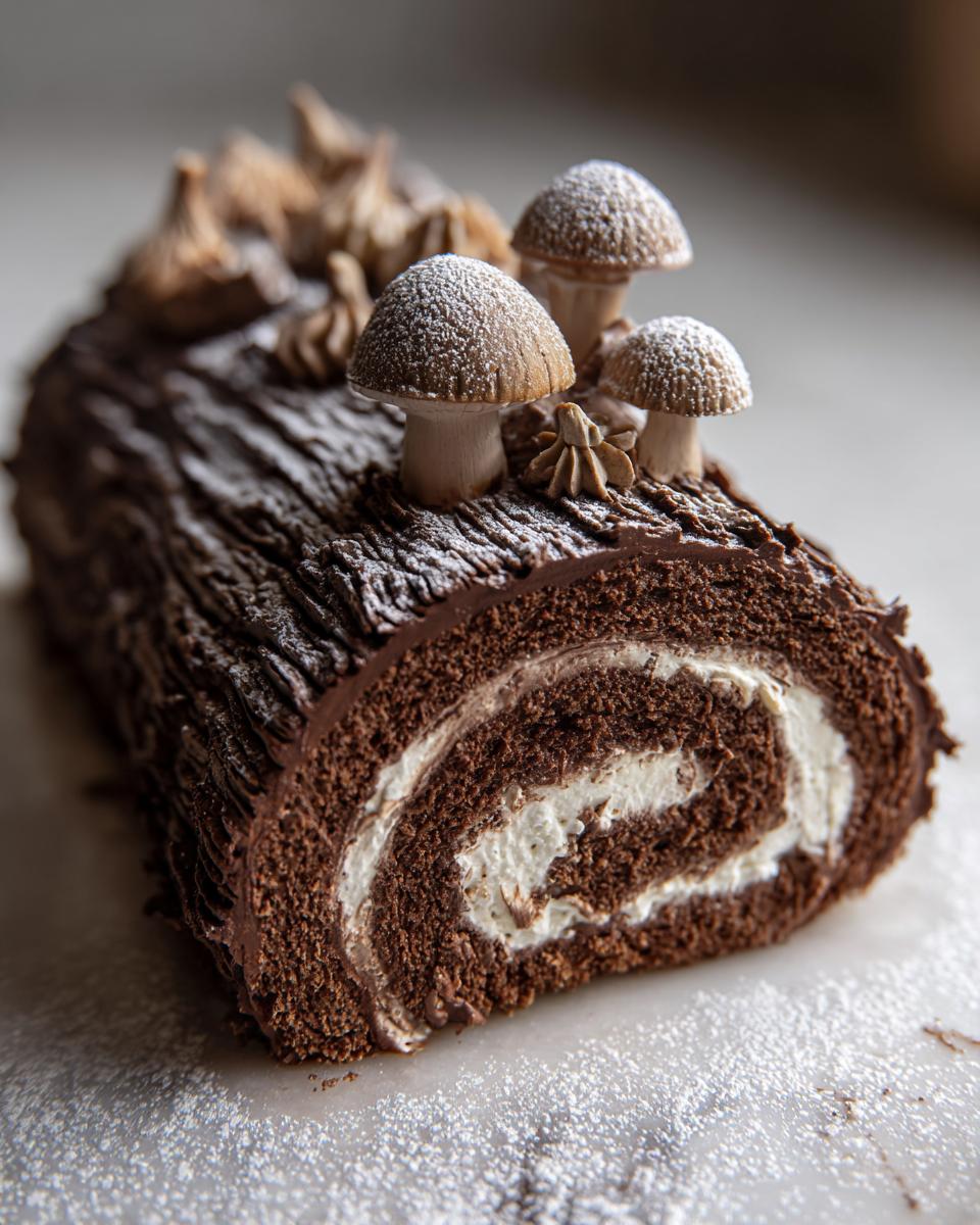 A festive chocolate Yule log cake with cream filling, decorated with chocolate bark texture and fondant mushrooms, dusted with powdered sugar.