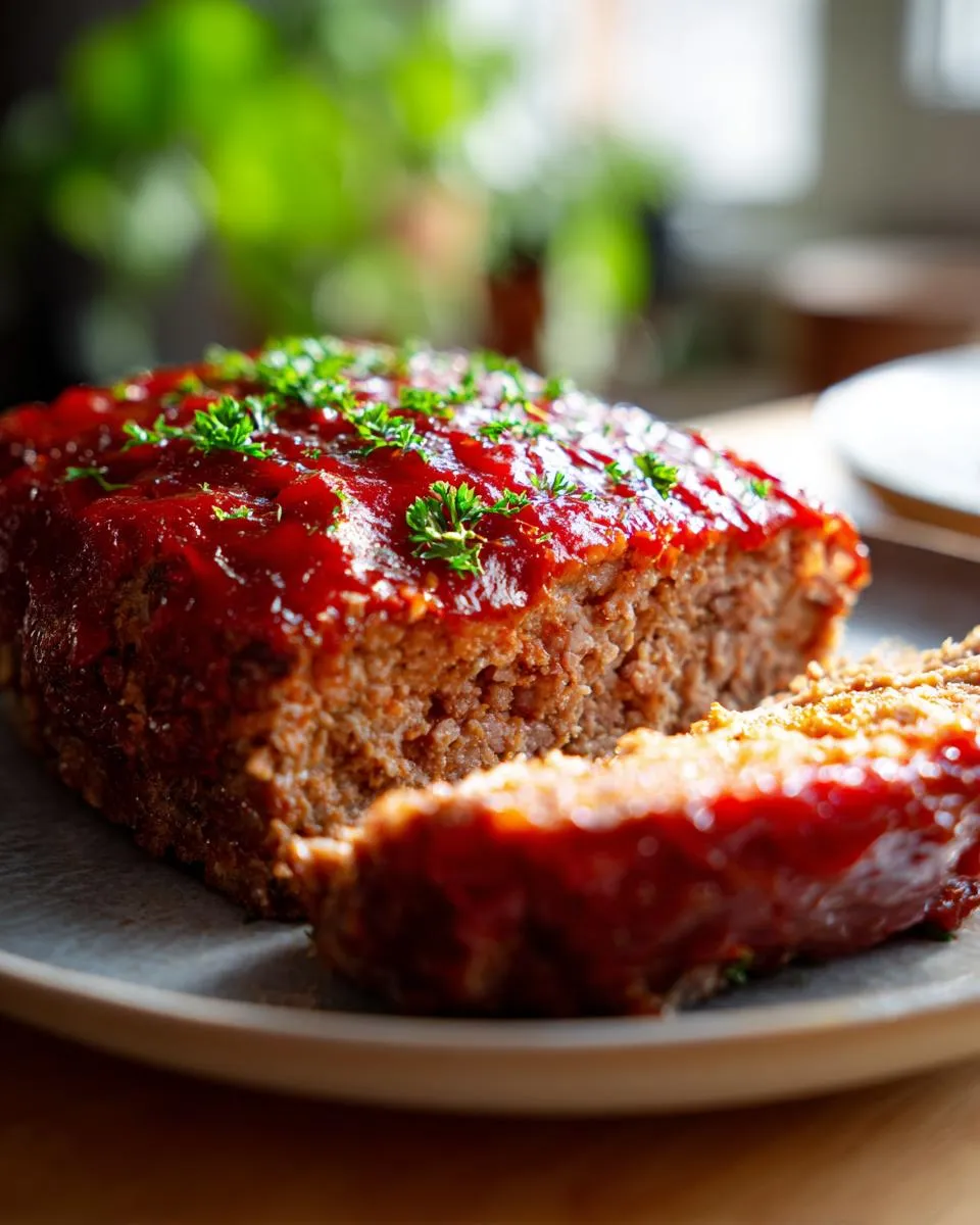 A close-up of a classic meatloaf with a shiny red glaze and fresh parsley garnish, with a slice cut and ready to serve.