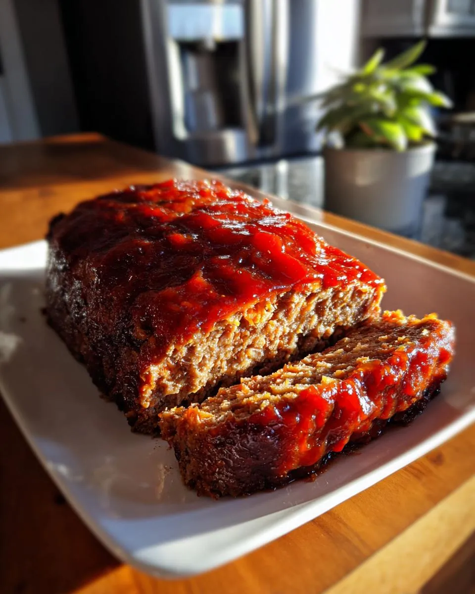 A slice of classic meatloaf topped with a glossy red glaze, ready to be served.