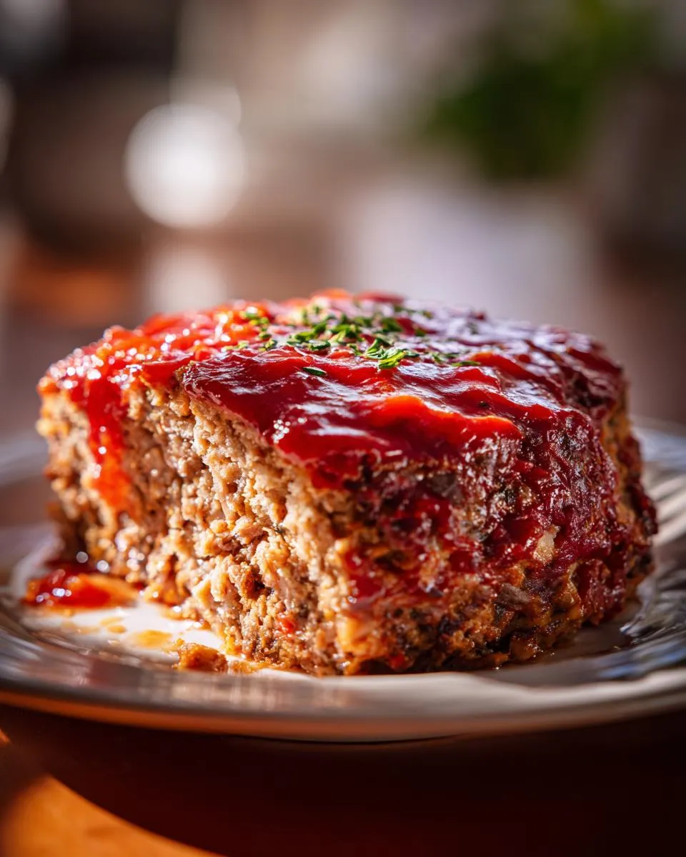 A thick slice of classic meatloaf topped with a glossy red glaze and fresh herbs.