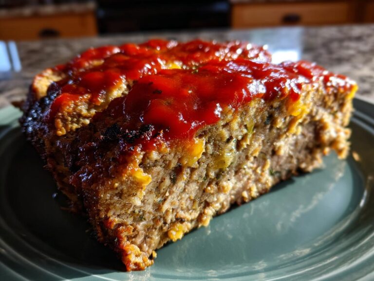 A close-up of a thick slice of classic meatloaf topped with a shiny red glaze, served on a green plate.