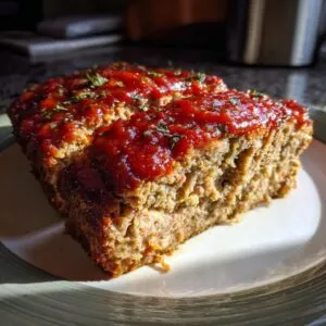 Two thick slices of classic meatloaf topped with a shiny red glaze and sprinkled with parsley, served on a plate.