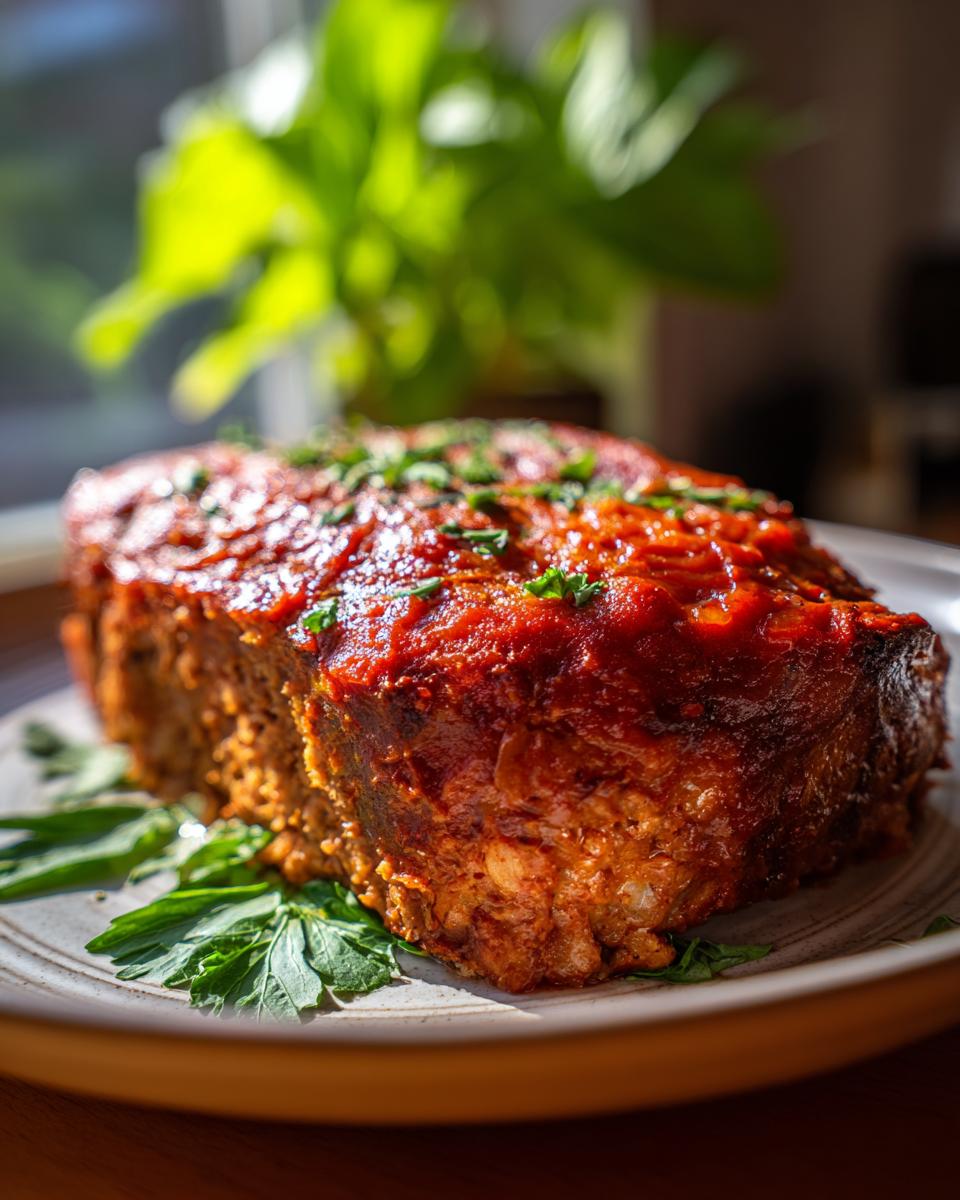 A close-up of a classic meatloaf topped with a rich tomato glaze and fresh parsley, served on a plate with greens.