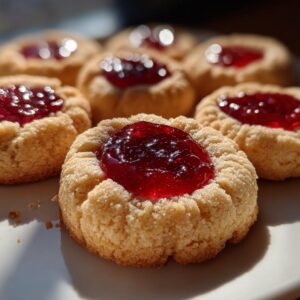 Close-up of classic thumbprint cookies filled with glistening red jam on a white plate.
