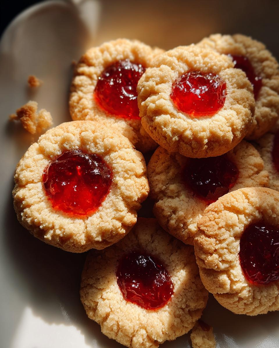 A close-up of several classic thumbprint cookies filled with bright red jam, ready to be enjoyed.