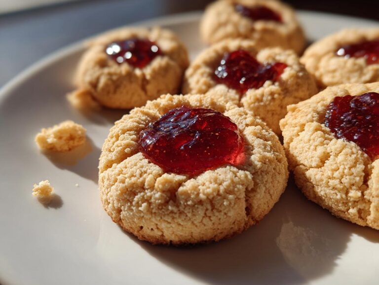 Close-up of classic thumbprint cookies filled with glistening red jam on a white plate.