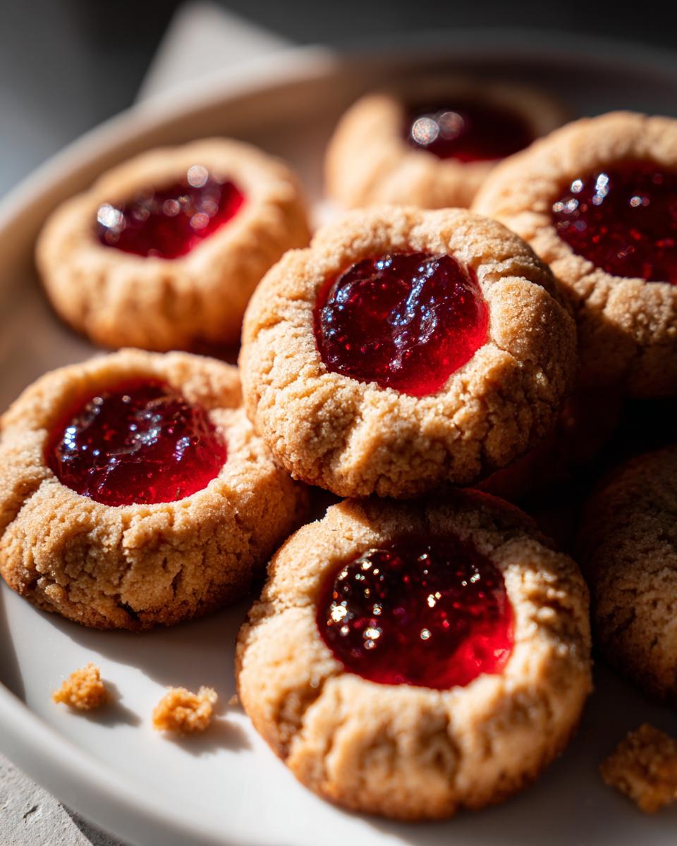 Close-up of classic thumbprint cookies filled with bright red raspberry jam on a white plate.