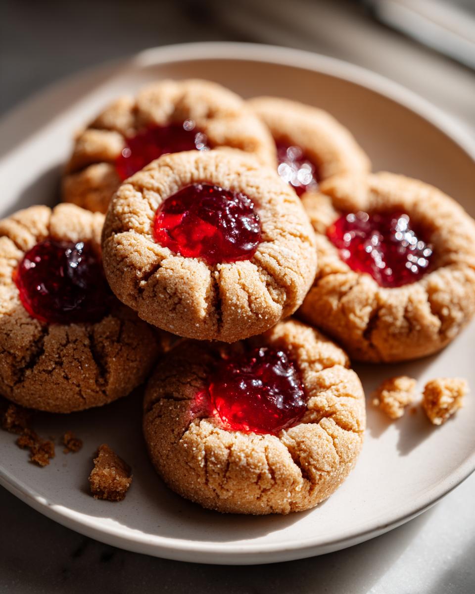 A close-up of several classic thumbprint cookies filled with bright red raspberry jam on a white plate.