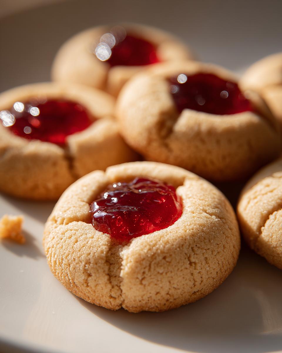 A close-up of several classic thumbprint cookies filled with bright red raspberry jam on a light plate.