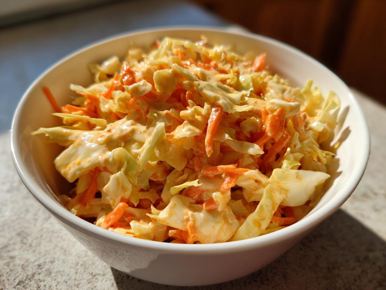 A close-up of a white bowl filled with creamy, crunchy coleslaw made with shredded cabbage and carrots.