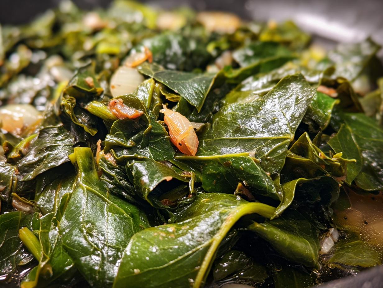 Close-up of tender, wilted collard greens cooked with pieces of onion and savory broth.