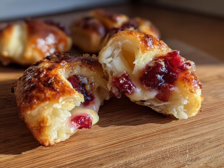 Close-up of a warm, gooey Cranberry Brie Bite, split open to reveal melted brie and cranberry filling.