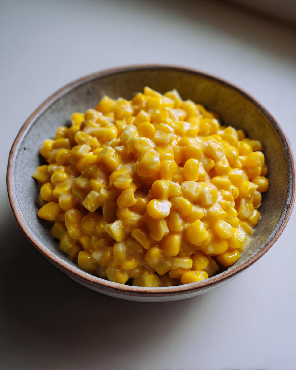 A close-up shot of a rustic bowl filled with creamy, golden creamed corn.