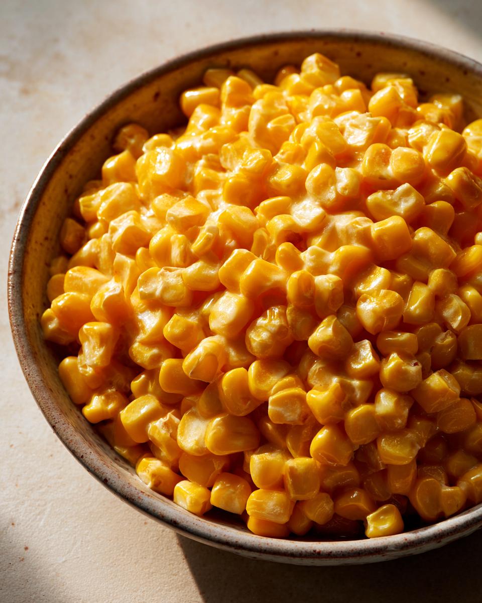 Close-up of a rustic bowl filled with creamy, golden creamed corn.