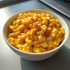 A close-up of a white bowl filled with creamy, golden creamed corn, ready to be served.