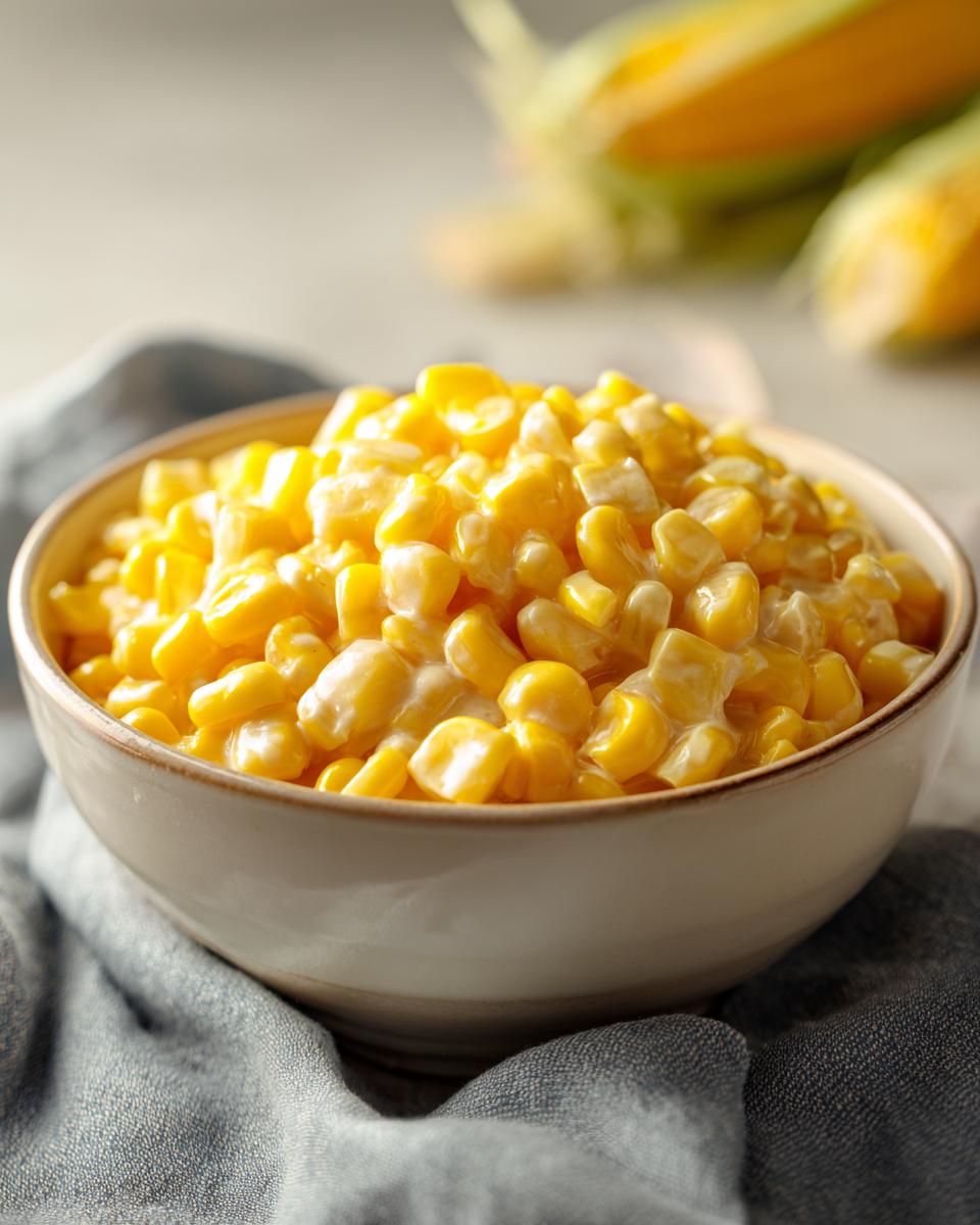 A close-up of a bowl filled with rich and creamy yellow creamed corn, with corn cobs blurred in the background.