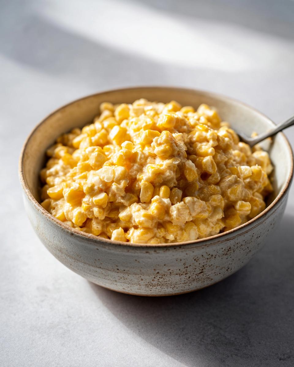 A close-up of a rustic bowl filled with creamy, golden creamed corn, ready to be served.