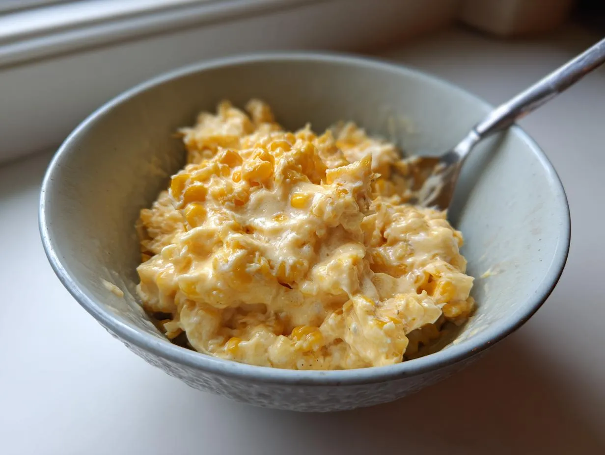 Close-up of a bowl filled with creamy, golden creamed corn, with a spoon resting inside.