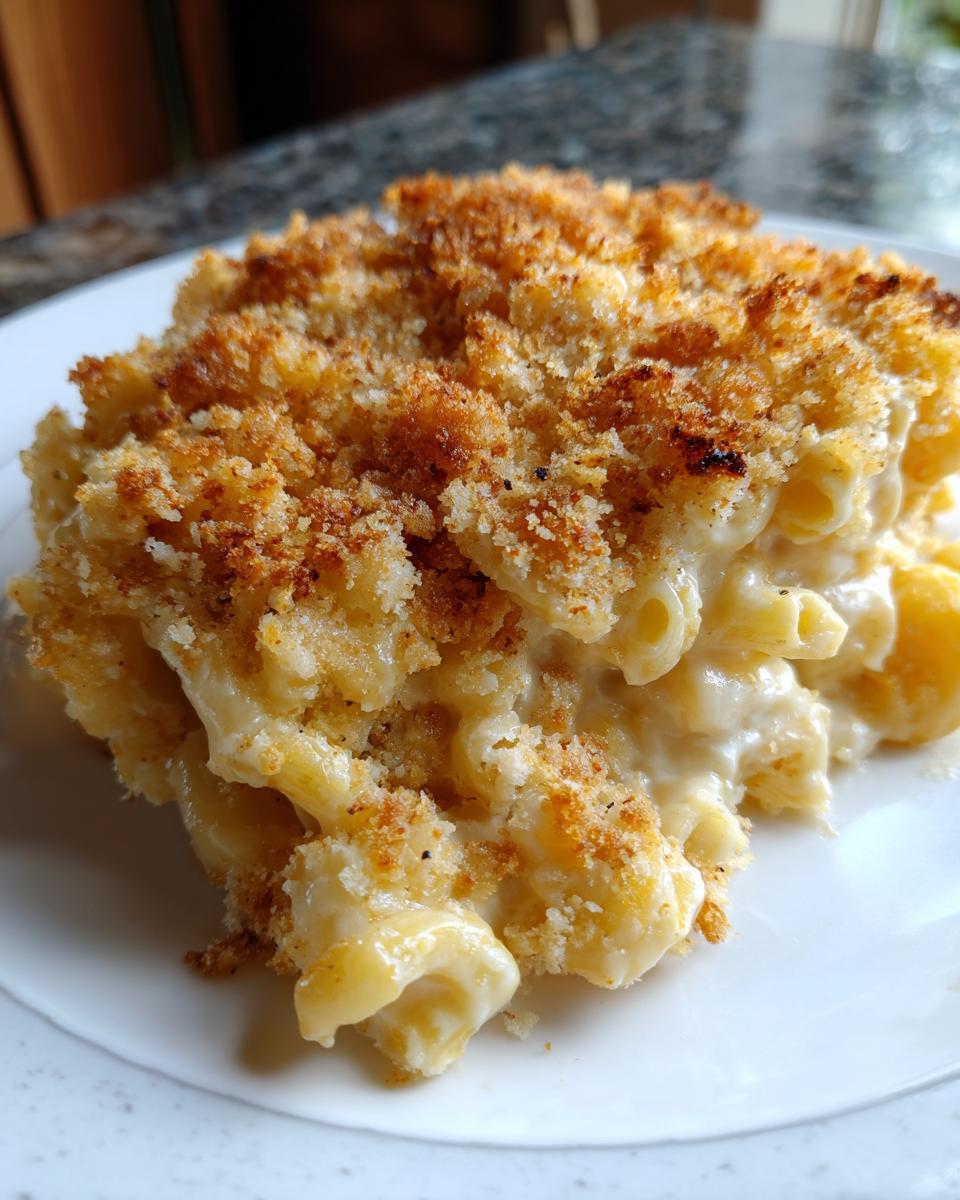 A close-up of creamy baked Mac and Cheese with a golden-brown crispy breadcrumb topping.