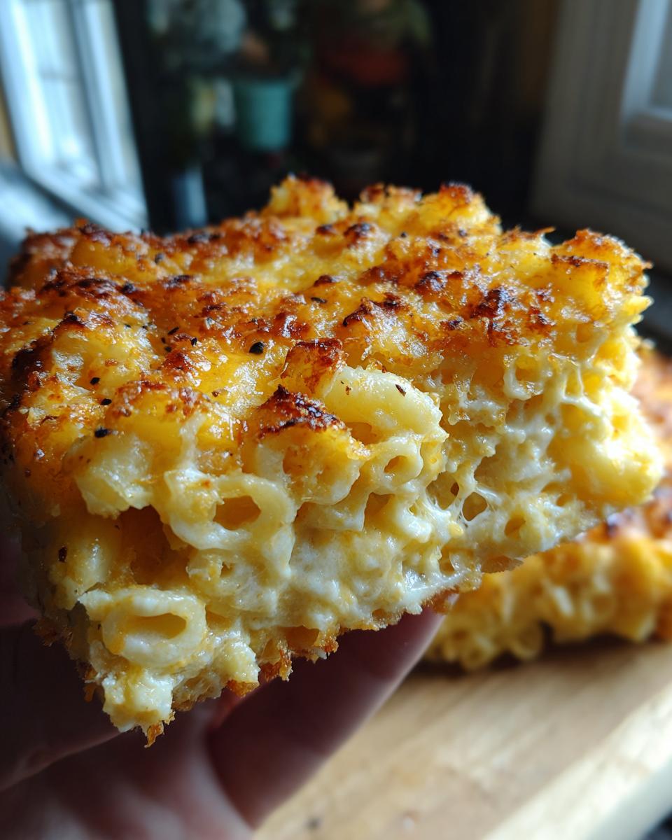 A close-up of a slice of creamy baked mac and cheese, with a golden-brown cheesy crust.