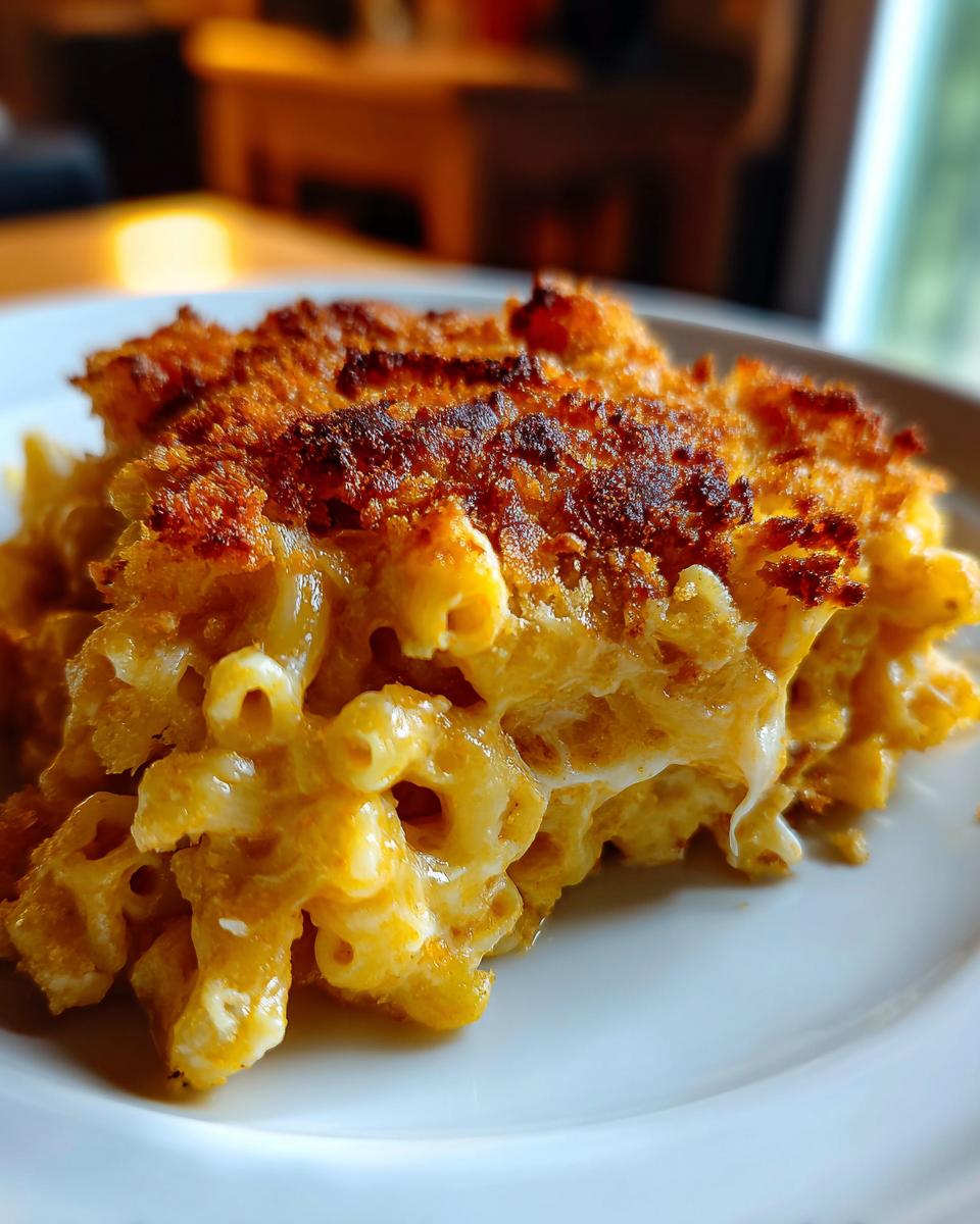 A close-up of a slice of creamy baked mac and cheese with a golden brown crust.