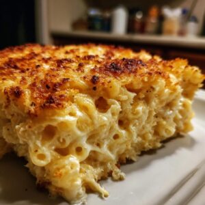Close-up of a thick slice of creamy baked mac and cheese with a golden-brown crust.