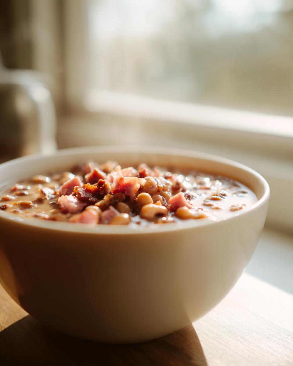 A creamy bowl of black-eyed peas topped generously with diced ham or bacon, steaming slightly.