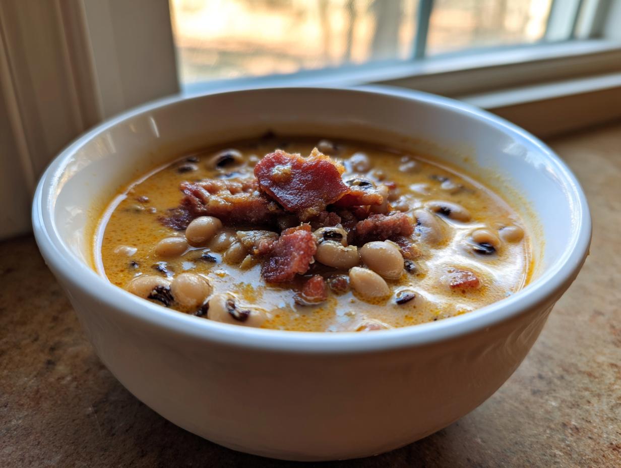 Close-up of a white bowl filled with creamy black-eyed peas topped with crispy bacon pieces.