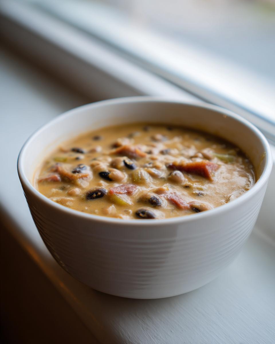 Close-up of a creamy soup featuring black-eyed peas, diced tomatoes, and celery in a white bowl.