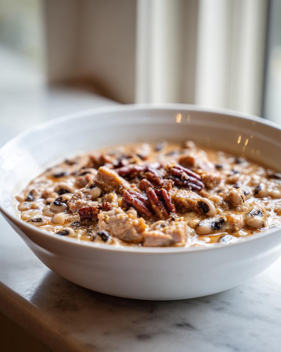 Close-up of a creamy bowl of black-eyed peas, topped with chunks of meat and whole pecans.