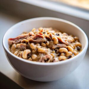 A white bowl filled with creamy black-eyed peas mixed with shredded smoked meat, served indoors near a window.