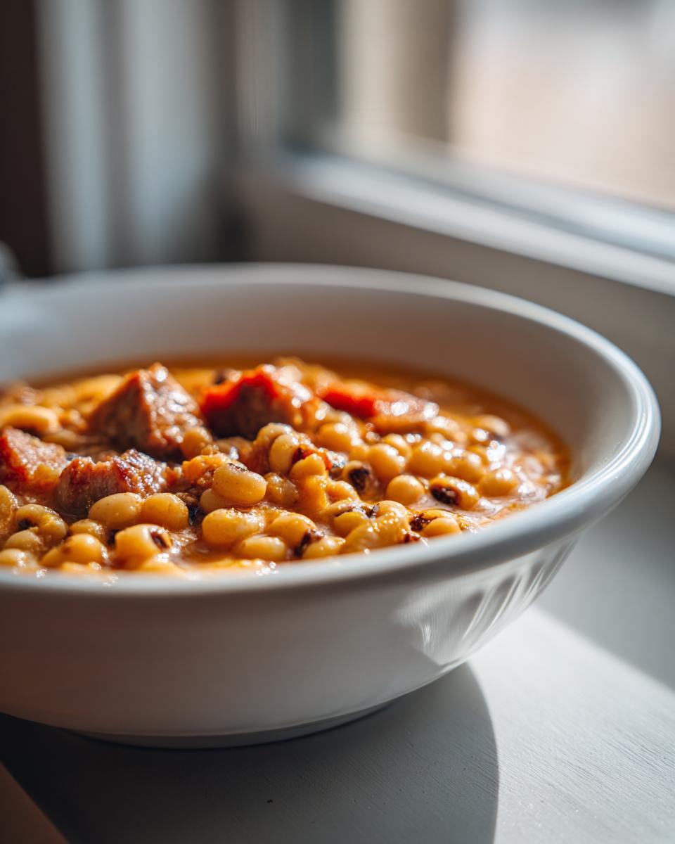 Close-up of creamy black-eyed peas stewed with chunks of smoked sausage in a white bowl.