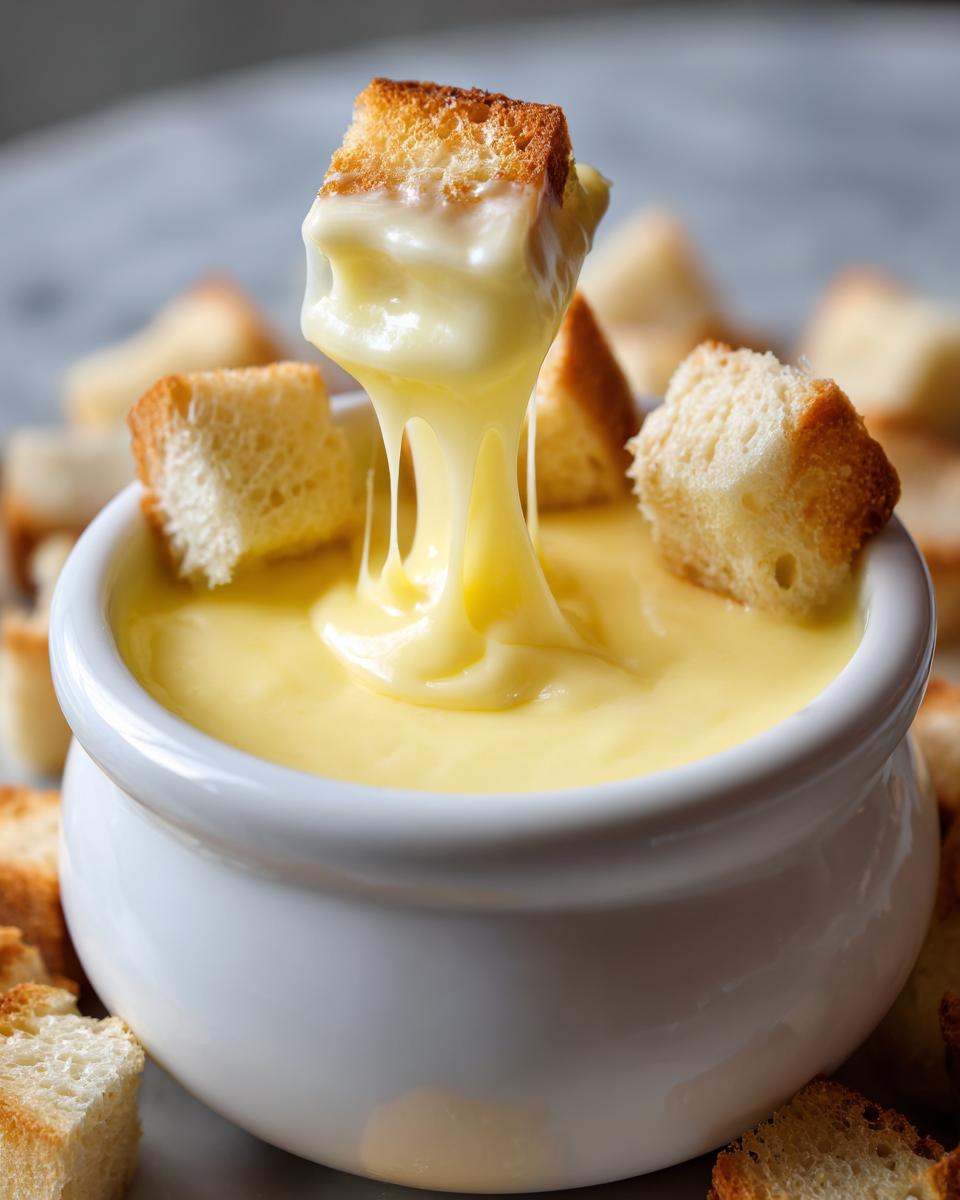 A piece of toasted bread is lifted from a white bowl filled with rich, melted cheese fondue, showing long cheese pulls.