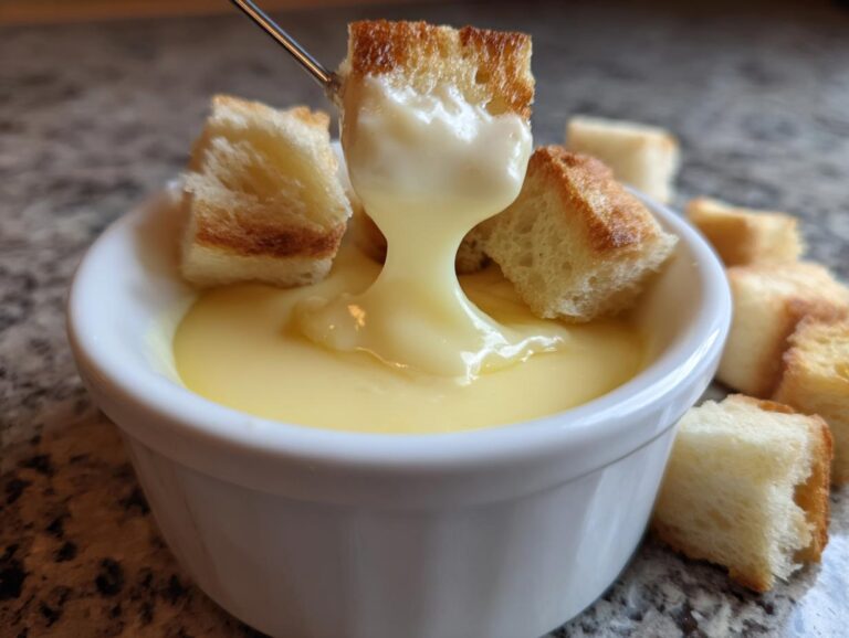 A piece of toasted bread is dipped into creamy, melted cheese fondue using a fondue fork.