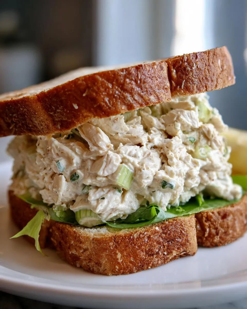 A generous serving of creamy chicken salad sandwich with celery and lettuce on toasted bread.
