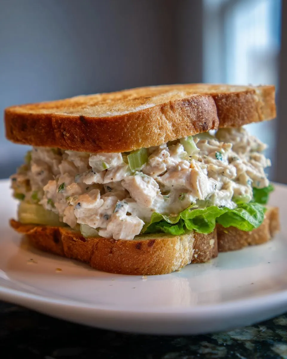 A close-up of a creamy chicken salad sandwich with lettuce on toasted bread.