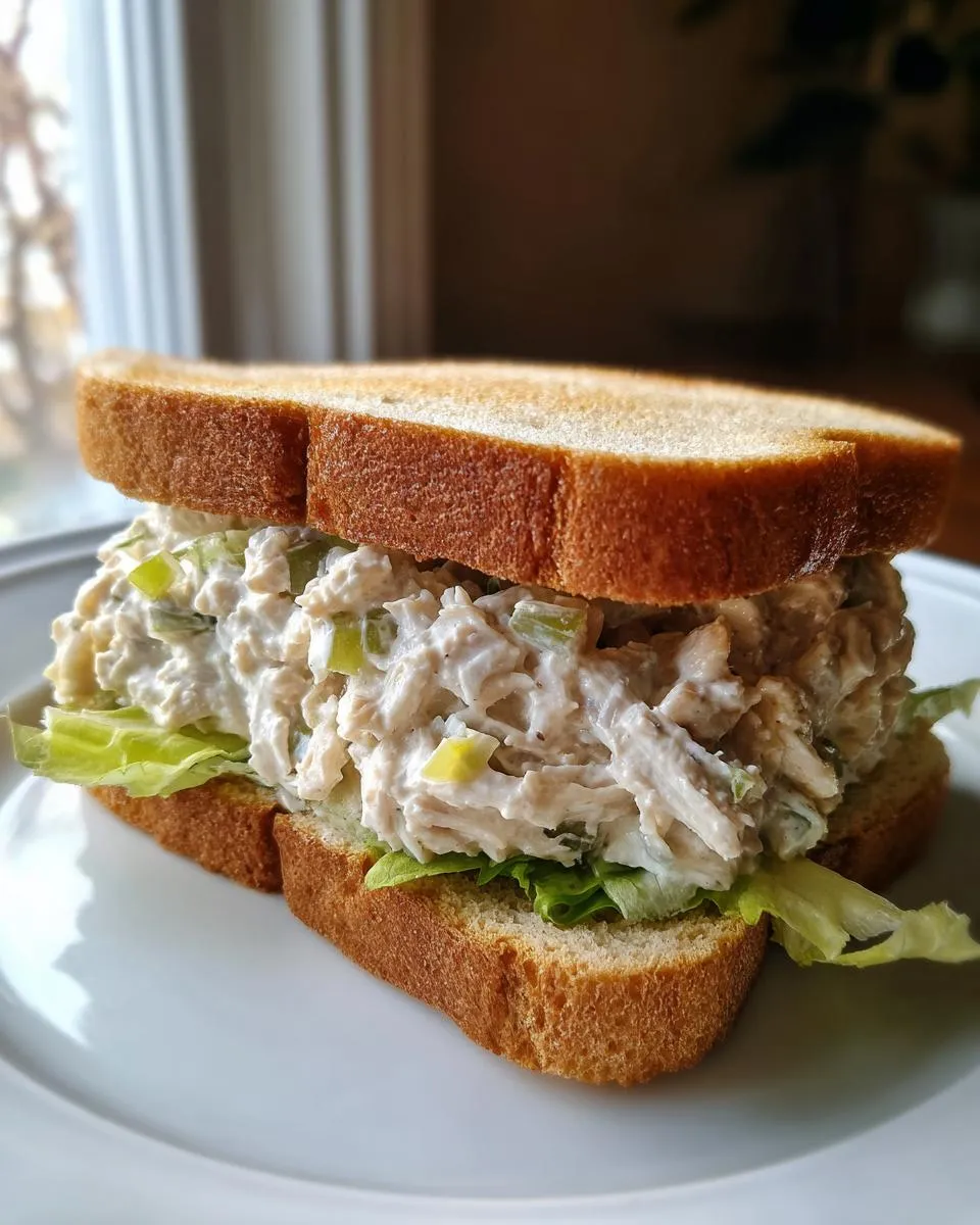 A close-up of a delicious chicken salad sandwich with shredded chicken, celery, and lettuce on toasted bread.