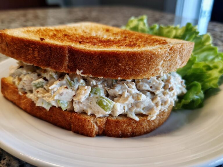 A delicious chicken salad sandwich made with creamy dressing and celery, served on toasted bread with lettuce.