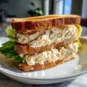 A delicious and creamy chicken salad sandwich stacked high on toasted whole wheat bread with crisp lettuce.