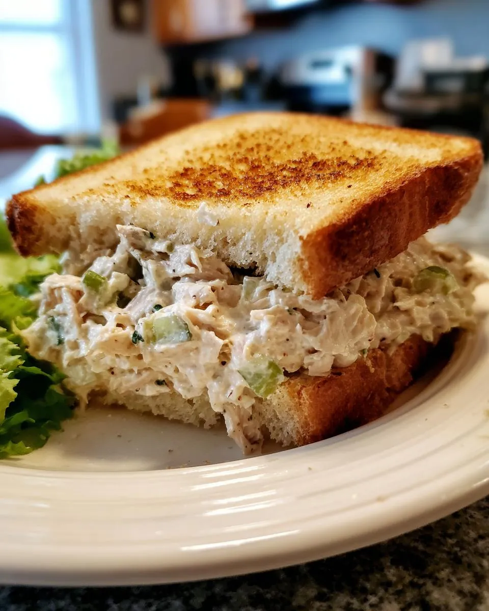 A close-up of a delicious chicken salad sandwich on toasted bread, filled with creamy chicken salad and celery, served with lettuce.